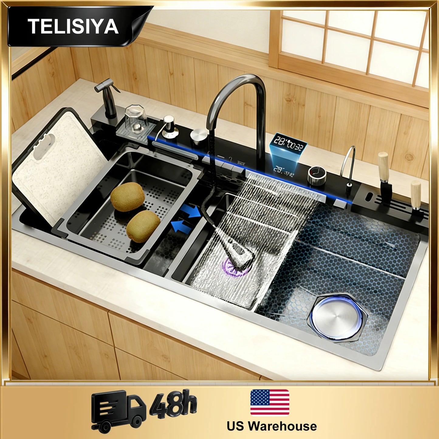 Stainless Steel Kitchen Sink Multifunctional Digital Display Waterfall Large Single Slot Ships from the U.S.
