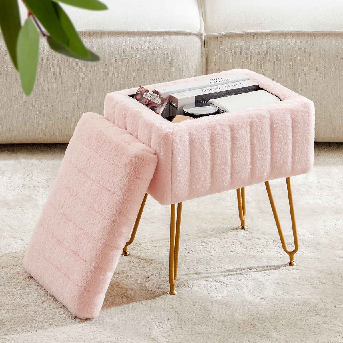 JHK Faux Fur Upholstered Storage Ottoman Metal Legs Padded Seat