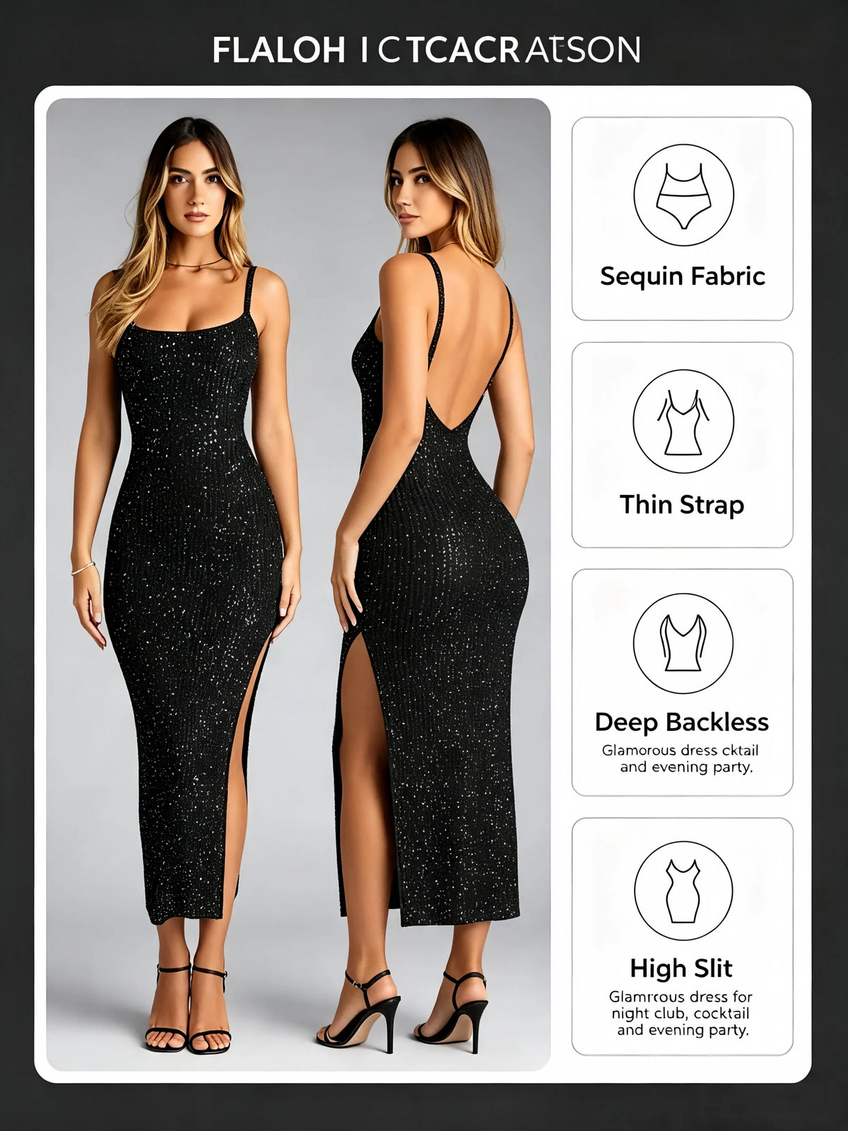 Women Black Sequin Spaghetti Strap Midi Dress Backless High Split Bodycon Evening Party Cocktail Dresses