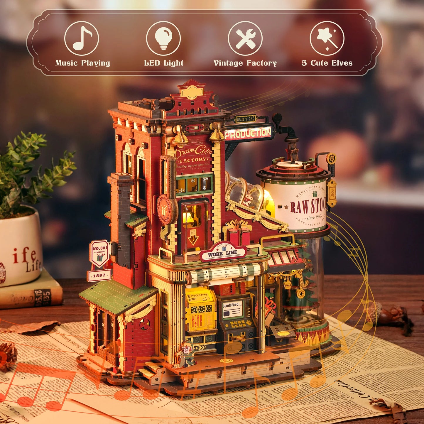 ROKR Dream Gift Factory Wooden 3D Puzzle DIY Mini Dollhouse Model Building Kit with Music & LED Lights 449 Pieces Assembly Toys for Adults Teens