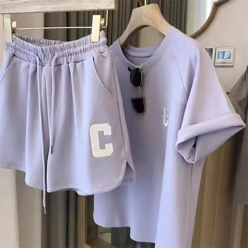  2 Piece Set Women Summer Loose Short Sleeve T-Shirt Casual Shorts Sports Print Letter Casual Suit Large Size Short Pajamas