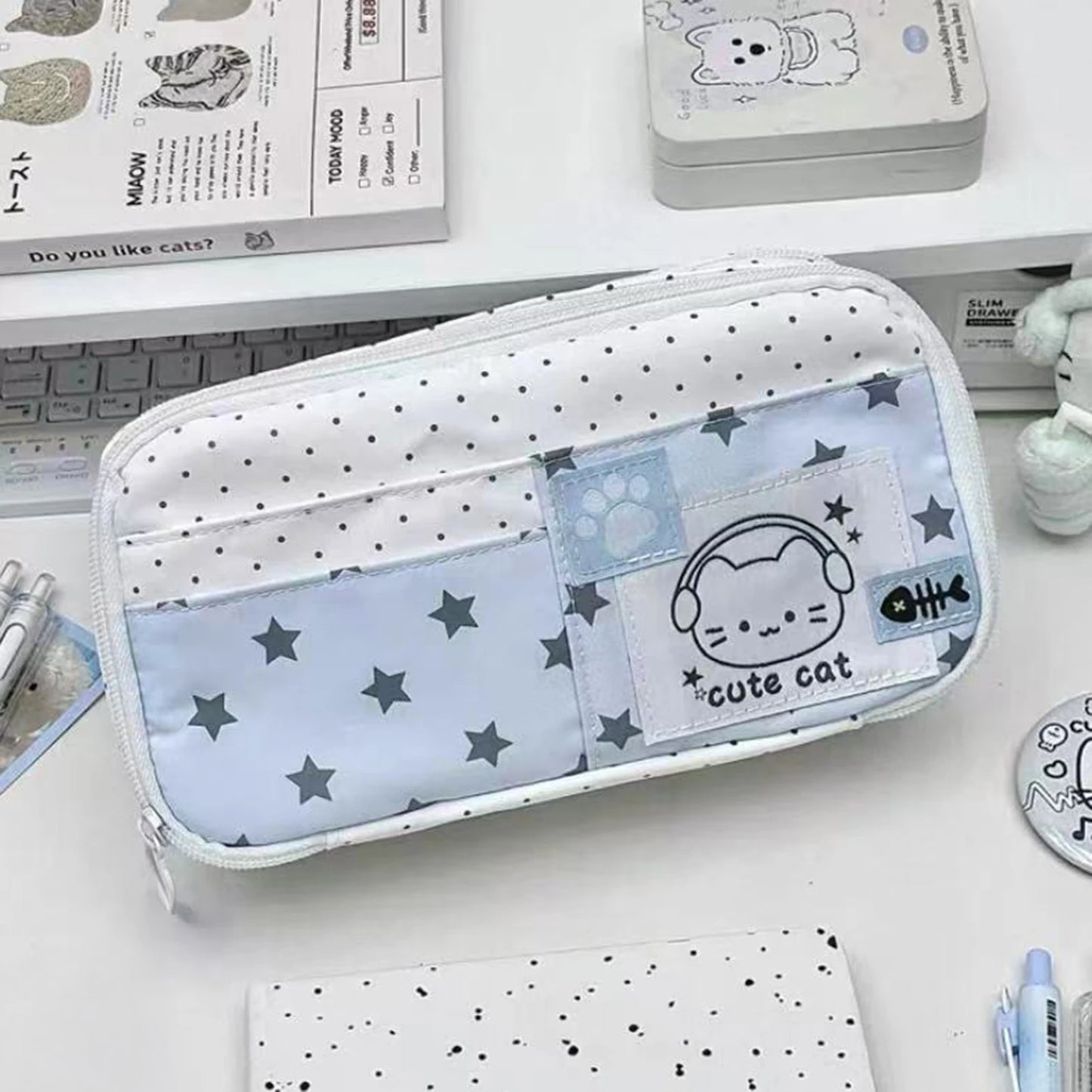 Cute Cat Polka Dot Pencil Case Blue Multi-Layer Large Capacity Pen Bag Portable Student School Stationery Storage Pouch