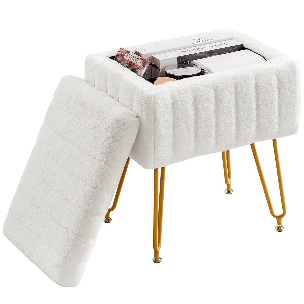 JHK Faux Fur Upholstered Storage Ottoman Metal Legs Padded Seat