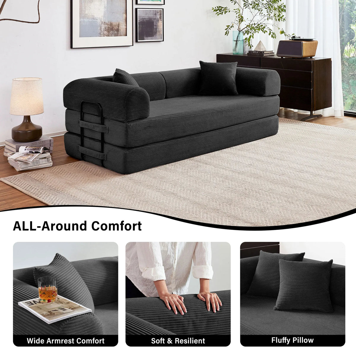 79'' Boneless Couch Foldable Convertible Futon Sleeper Sofa Bed Floor Lounge with L-Shaped Armrests for Living Room Sofas