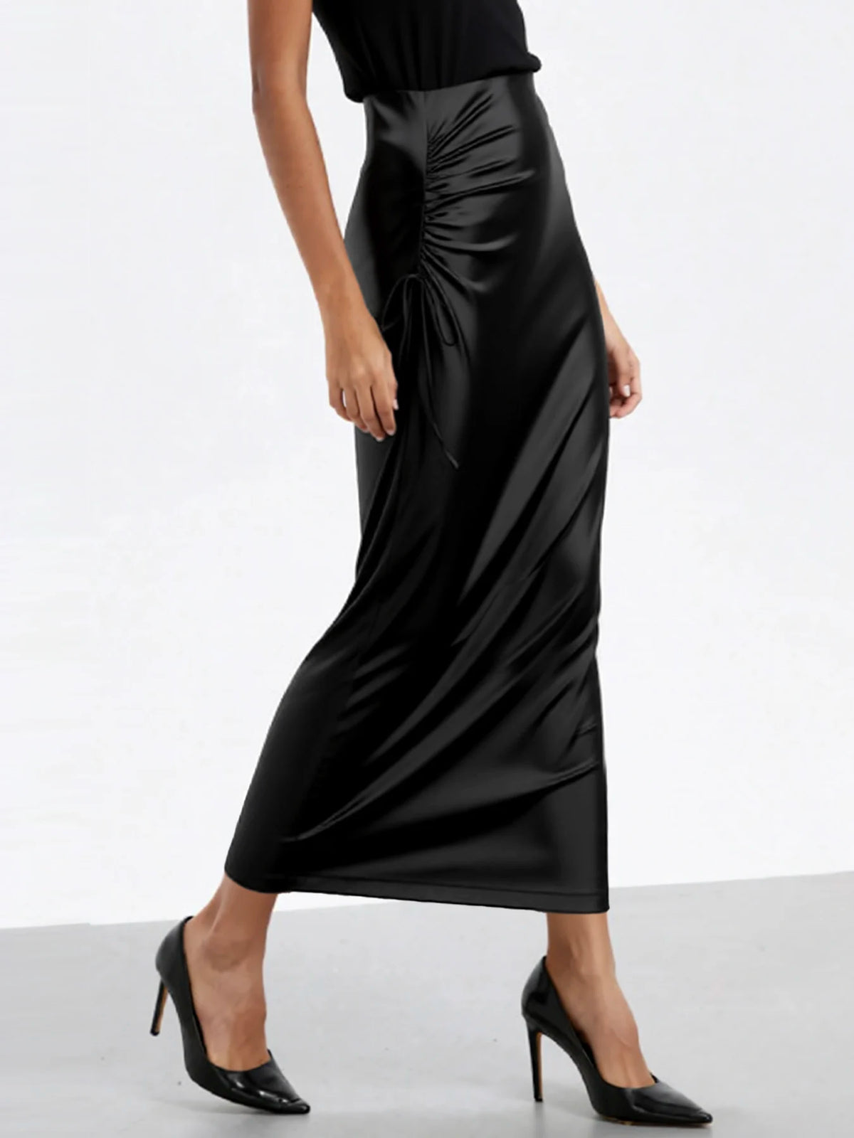Women Black Satin High Waist Midi Skirt Ruched Drawstring Bodycon Long Skirt Elegant Club Party Evening Cocktail Wear