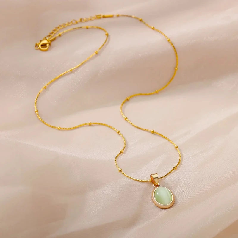 Fashion Stone Opal Oval Necklace For Women Stainless Steel Gold Color Oval Stone Pendant Necklace Wedding Aesthetic Jewelry Gift