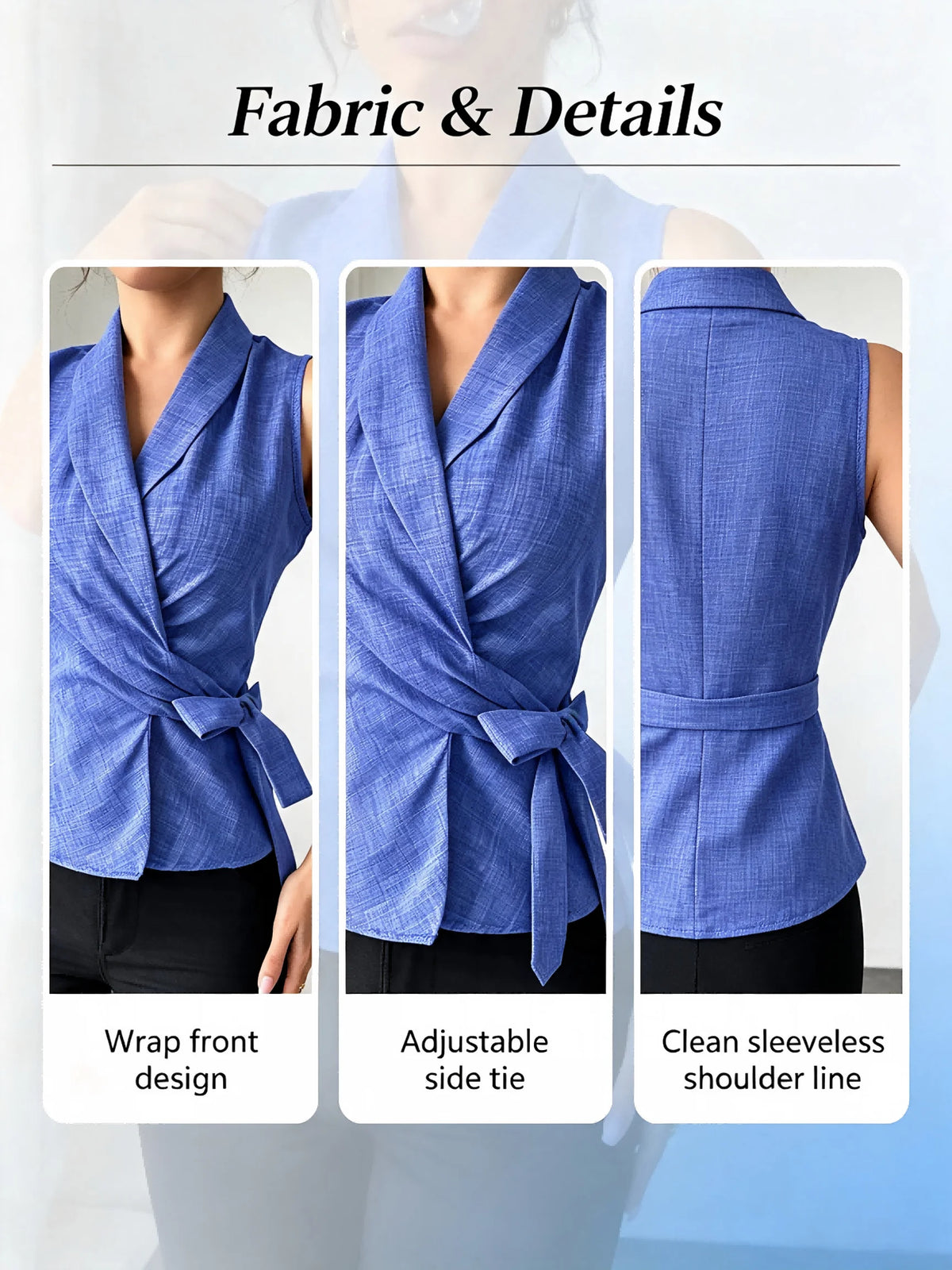 Women Blue Wrap Tie Waist Blouse Sleeveless V-Neck Slim Fit Office Casual Summer Top