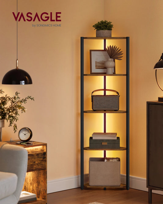 VASAGLE Corner Shelf Stand with LED Lights, 5-Tier Corner Bookshelf, Storage Shelf with Steel Frame, 9.8 x 18.9 x 57.7 Inches, f