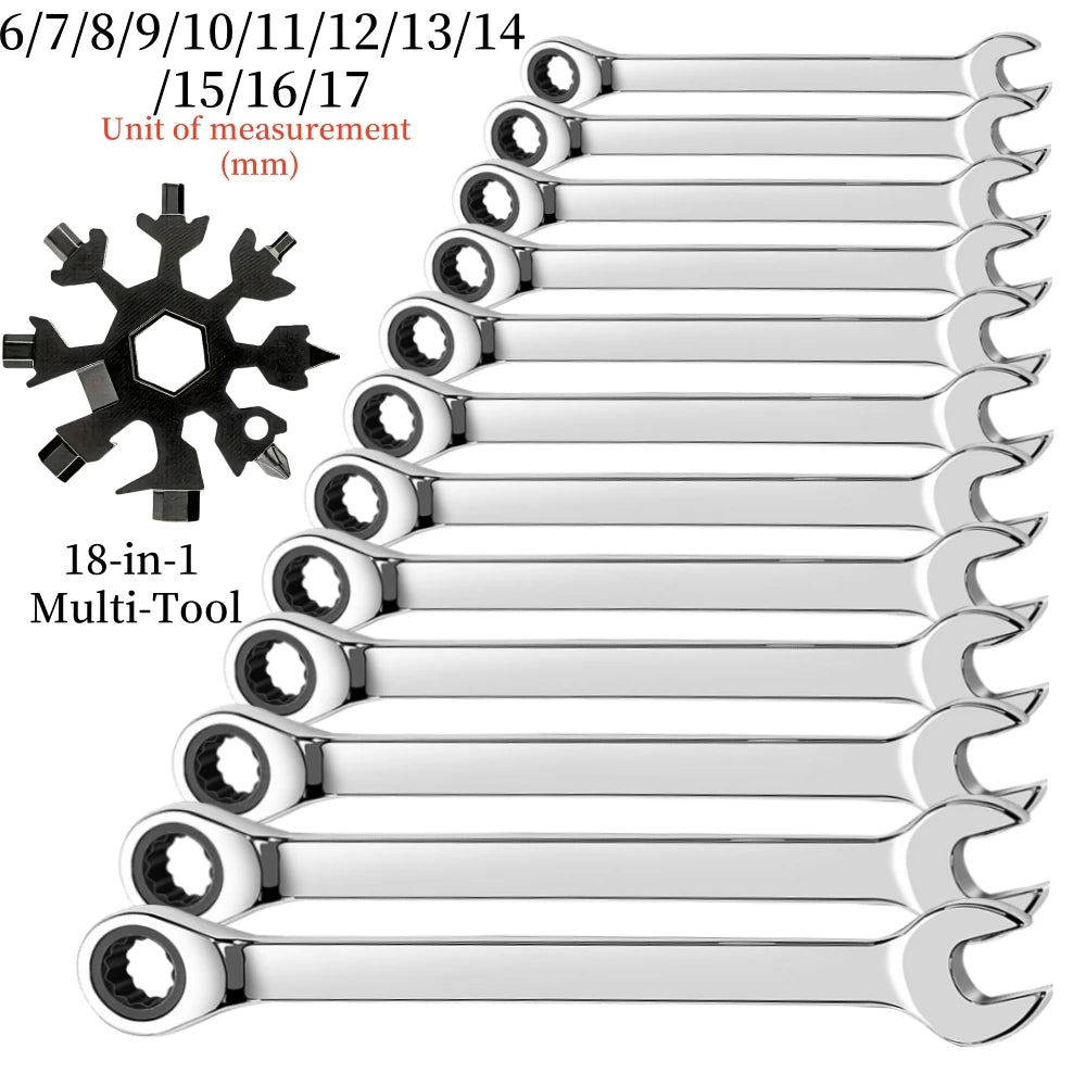 Flexible Ratcheting Combination Wrench Set,6-17mm Metric Key Wrench Ratchet Spanner Metric Hand Tool Sets,Car Repair Tools