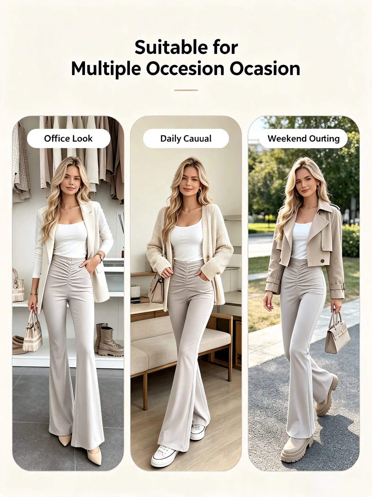 Women's High Waist Flare Leg Pants Ruched Back Stretchy Long Pants Elegant Office Streetwear