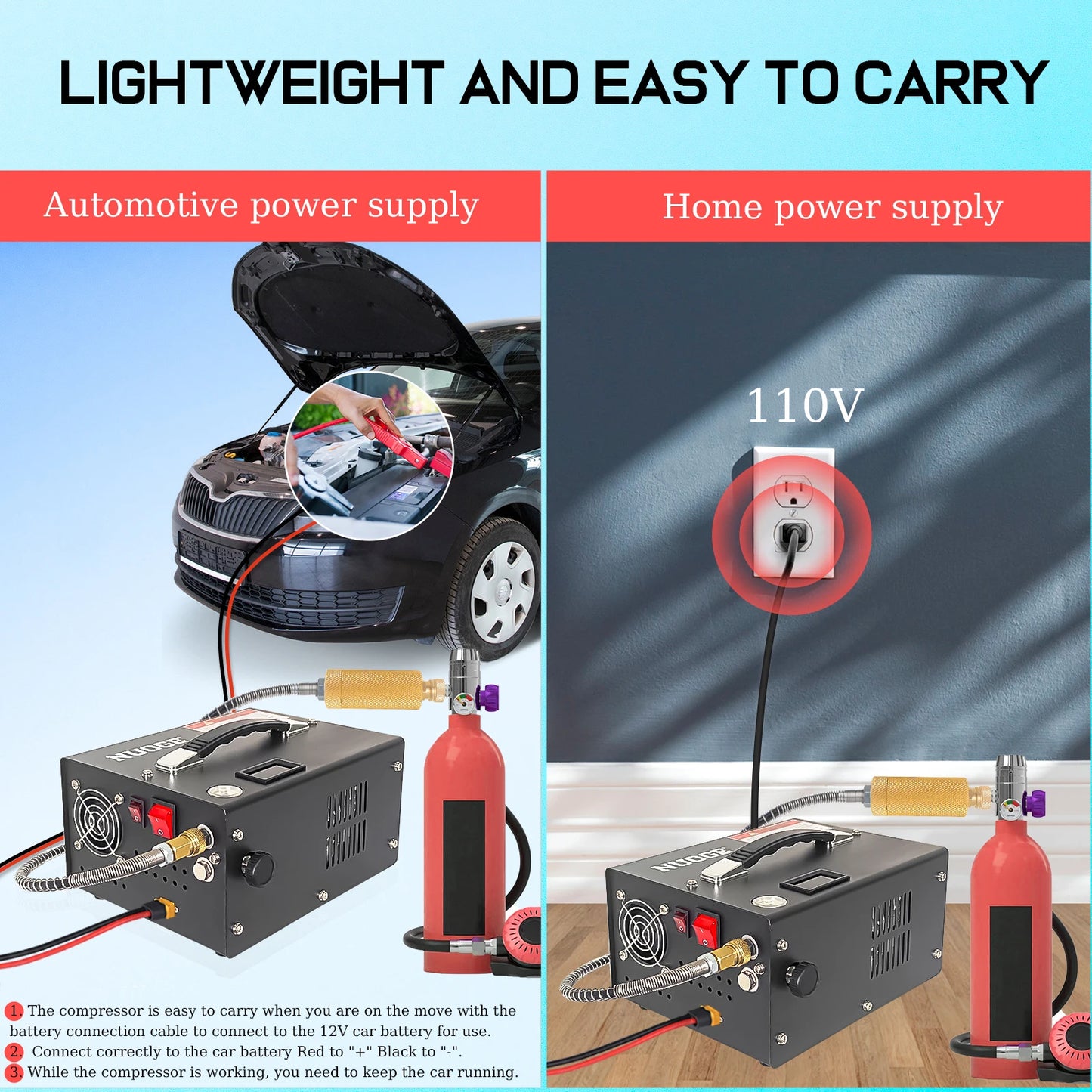 4500Psi 30Mbar Portable PCP Air Compressor Pump 12VDC/110V Power Oil/Water-Free High Pressure Diving Bottle