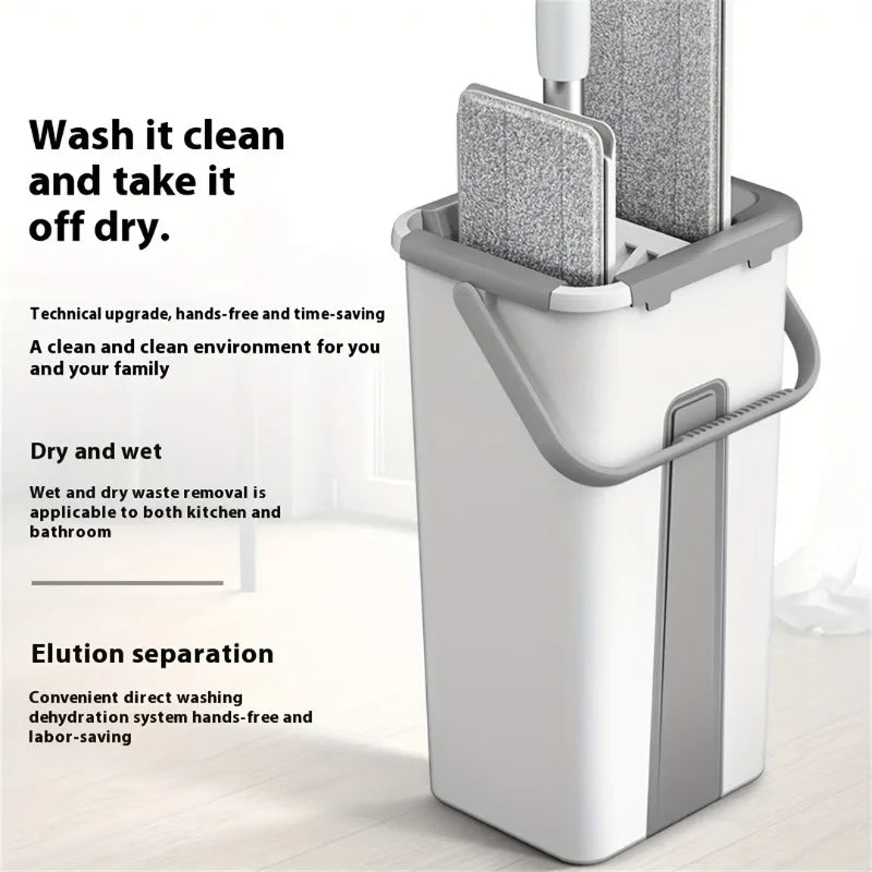 Hands-Free Flat Mop & Bucket Set with 4 Reusable Microfiber Pads, 360° Swivel, Long Handle for Floor & Wall Cleaning