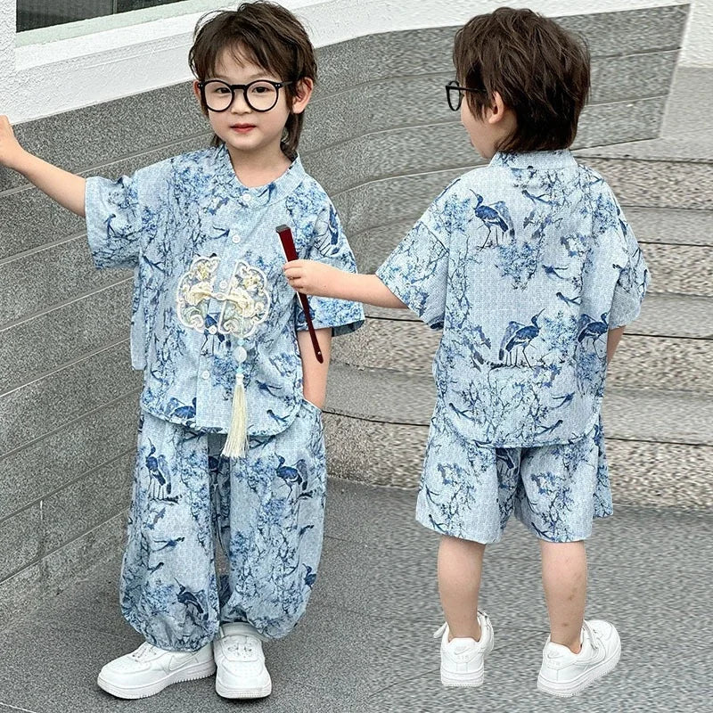 Fashion Baby Tang Costume Tops Pants Two-piece Set Boy Outfit Casual Children's Sets Summer Tweens Boys Hanfu Suit Kids Clothing