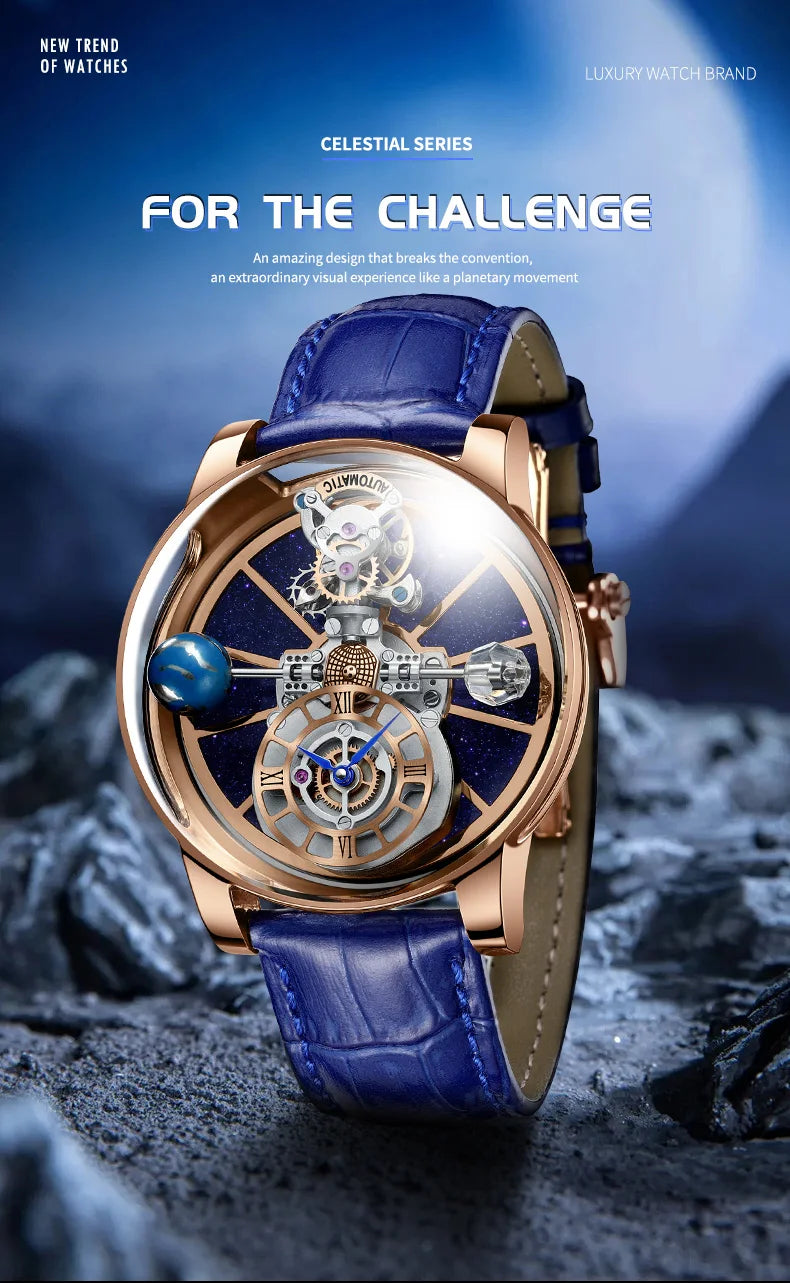 PINDU Design Man Wristwatch Transparent Hollow Design Celestial Roulette Quartz Watches Water Resistant Leather Men's Watch Box