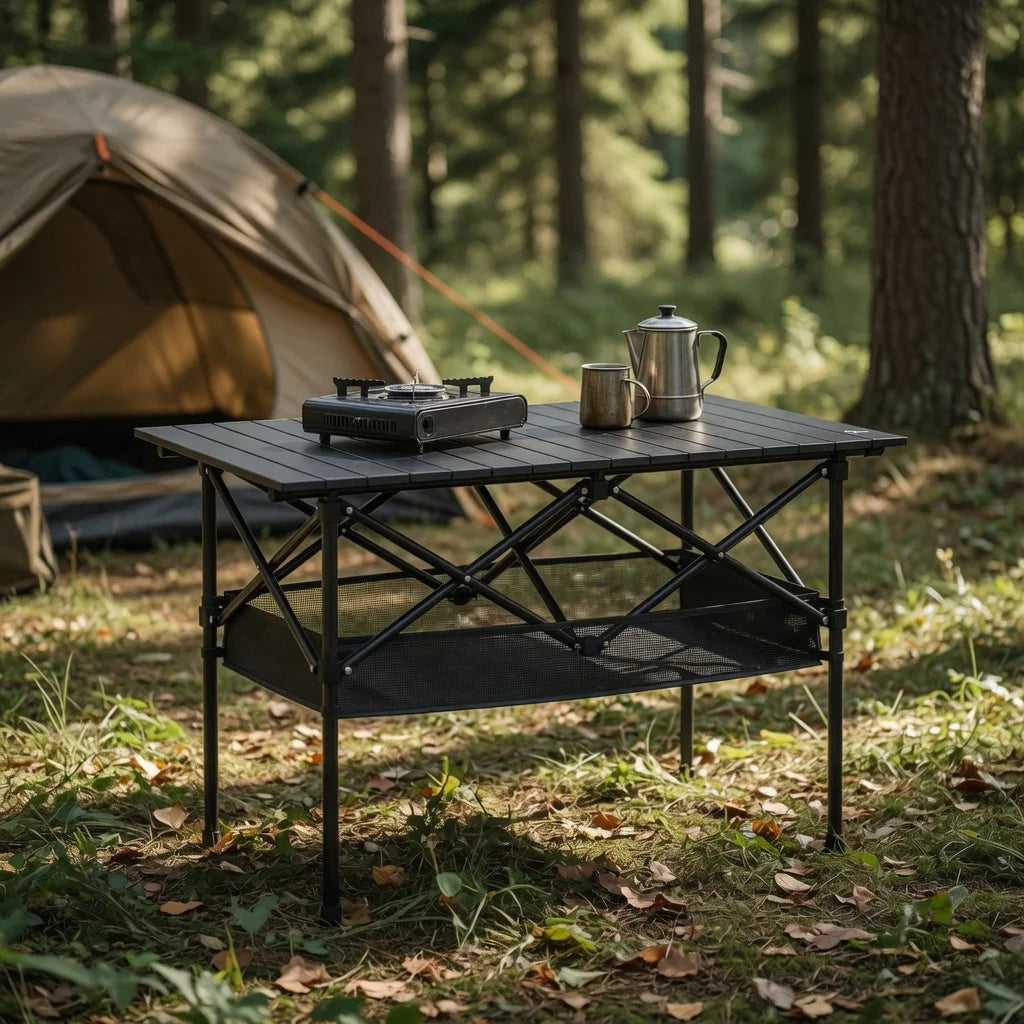 Portable Folding Outdoor Table, 95cm/120cm Lightweight Camping Table with Mesh Storage Shelf, Waterproof Scratch-Resistant Top, Carry Bag Included for Picnic, Beach & RV