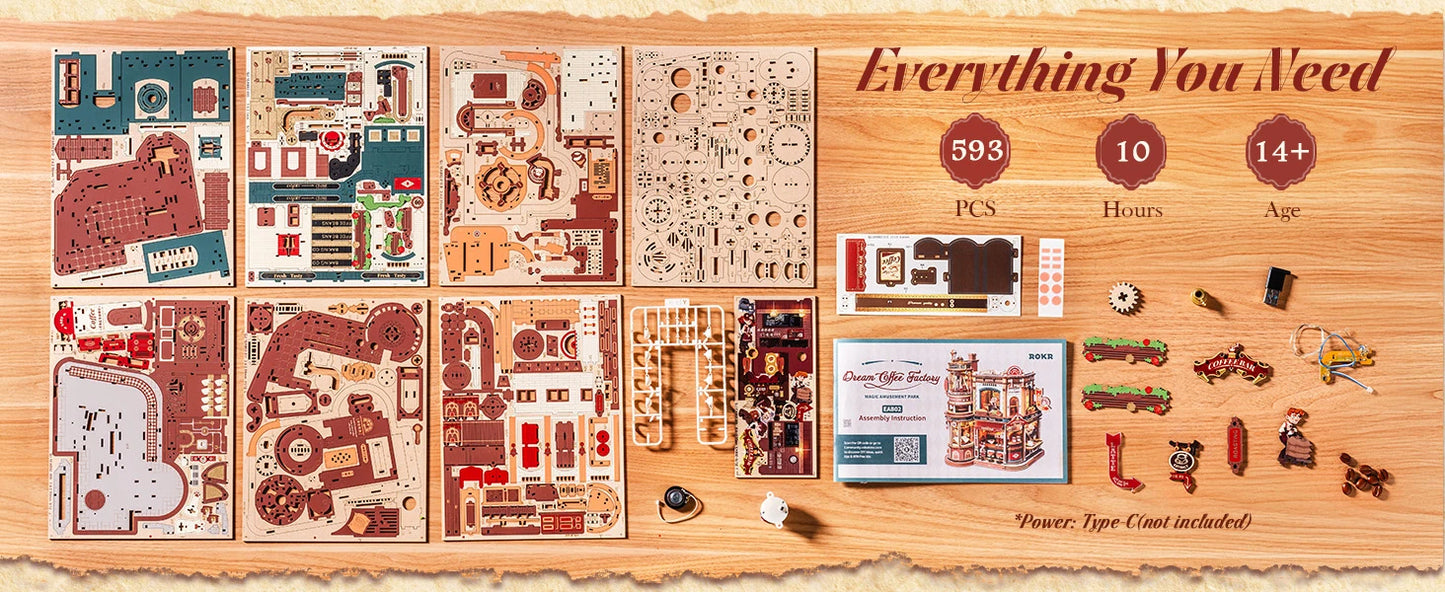 ROKR Wooden 3D Puzzle Dream Coffee Factory Music Box Model Building Kit 593-piece DIY Miniature House Kit with LED Light Unique Home Decor Gift for Adults Women
