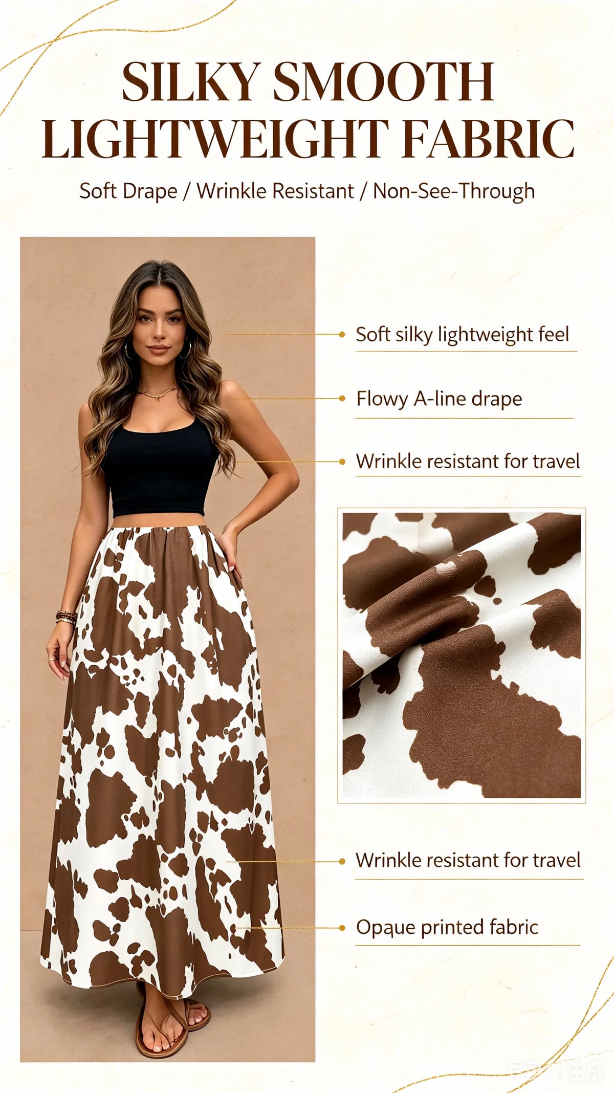 Ladies High-Waist A-Line Skirt with Cow Print Versatile for Daily Commute Vacation Suitable Half-Length Skirt