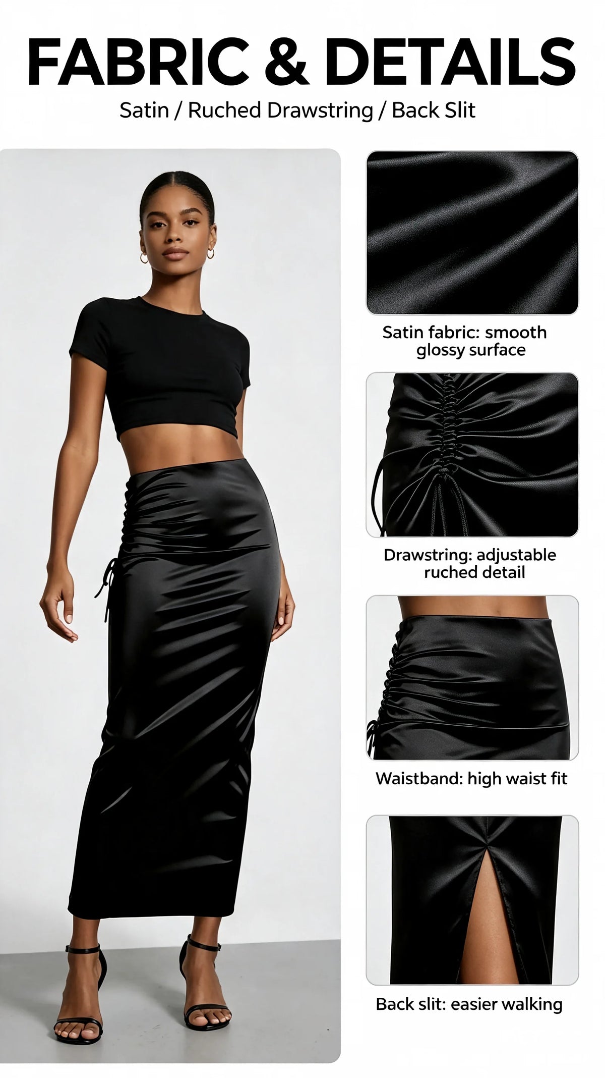 Women Black Satin High Waist Midi Skirt Ruched Drawstring Bodycon Long Skirt Elegant Club Party Evening Cocktail Wear