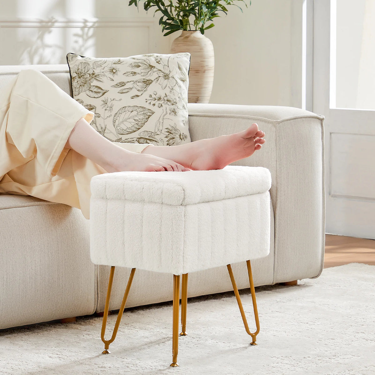 JHK Faux Fur Upholstered Storage Ottoman Metal Legs Padded Seat