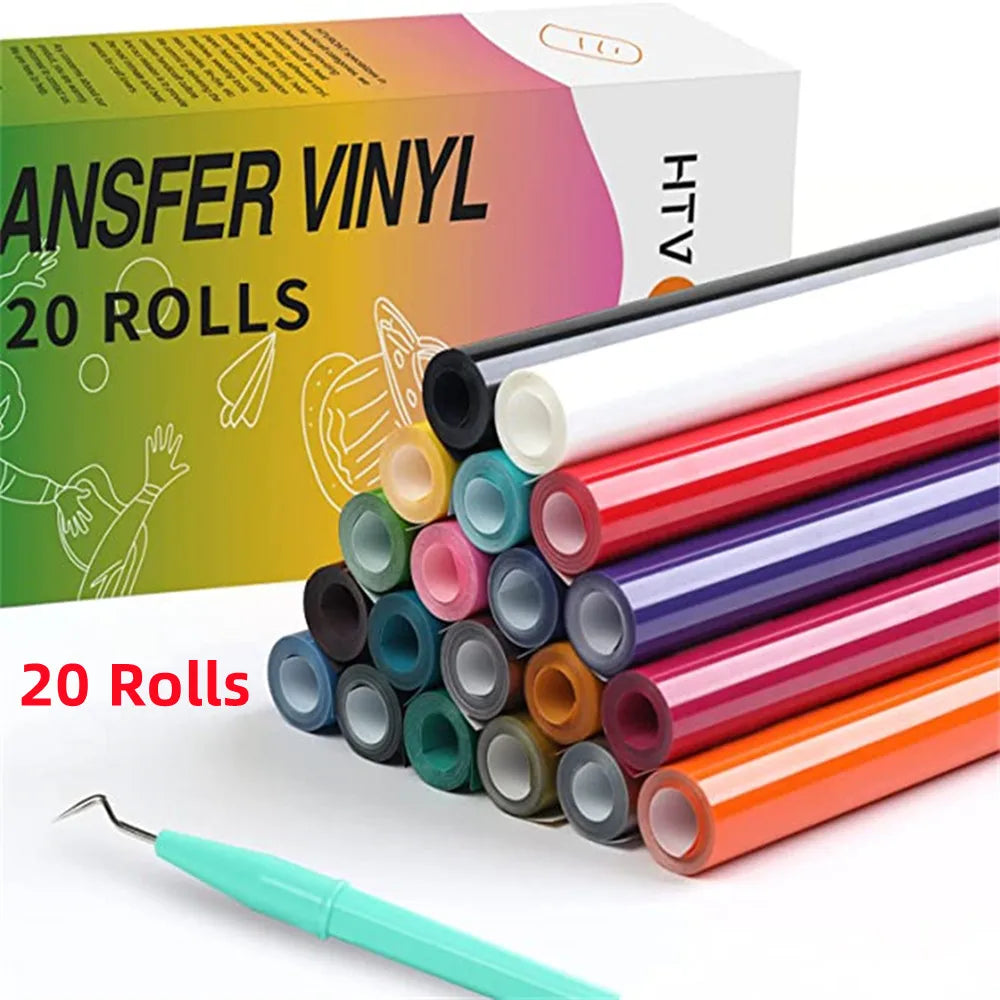 HTVRONT 20Rolls 12 in X 3 FT HTV Heat Transfer Vinyl Hot Press Iron-on Tshirt Textiles Film Roll HTV Printing Clothing Christmas Halloween Decor for Cameo DIY