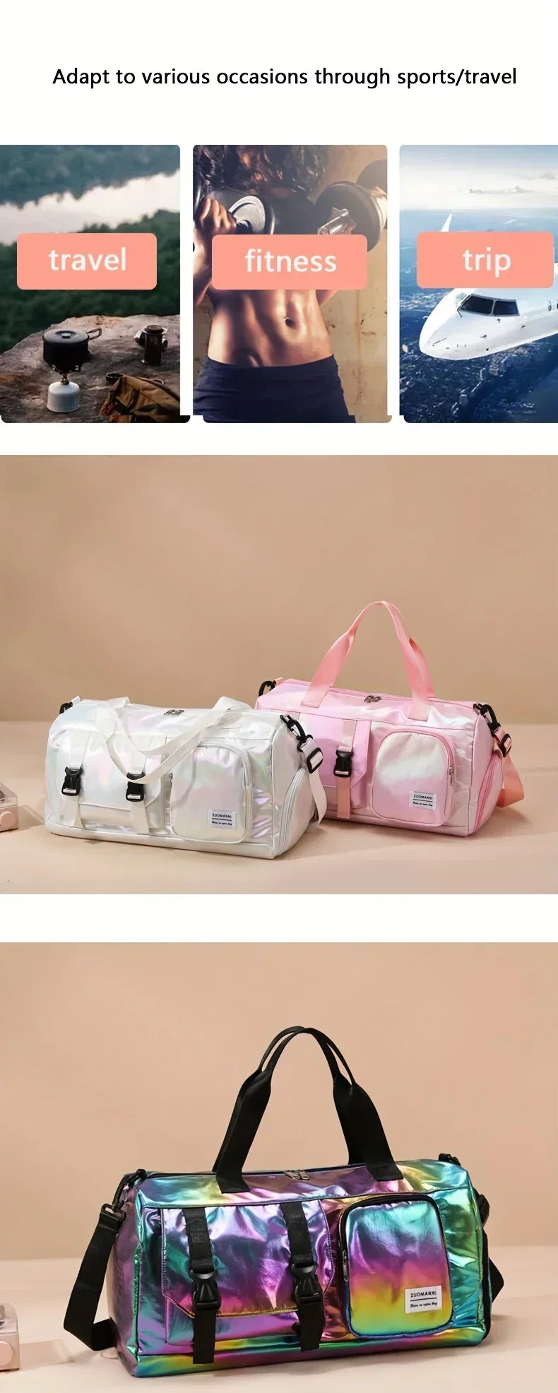 Large Capacity Women'S Nylon Travel Duffel Bag,Weekender Gym Tote with Shoe Compartment, Versatile Sports & Fitness Carry-On