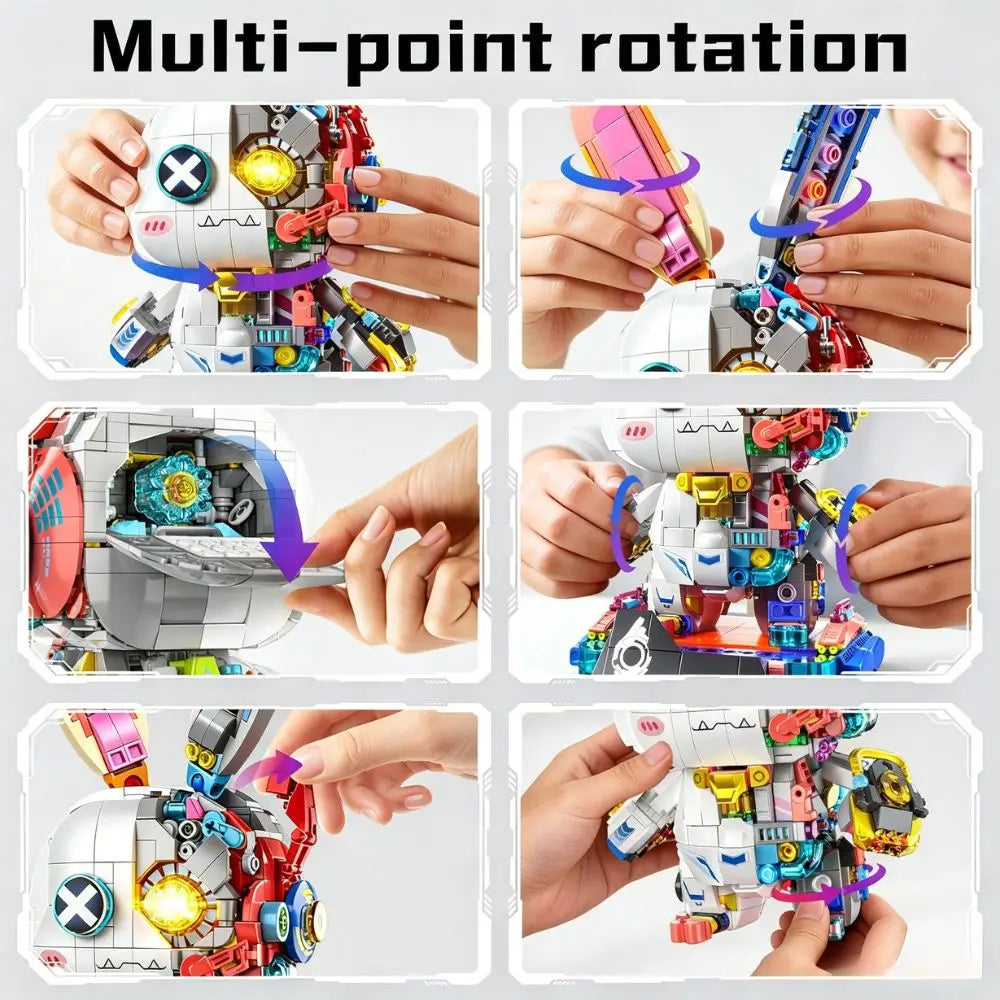 KAVOWORLD 1377pcs Mecha Technical Rabbit Building Blocks Set Cyber Bunny Model Kit Mechanical Animal Building Bricks Robot Bunny Figure Cyborg Toy Tech Bunny LED Light Up Glow in Dark Collectible Display Posable Joints DIY As