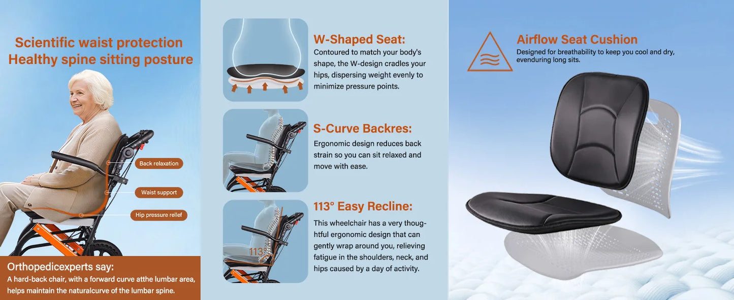 Premium Lightweight Transport Wheelchair for Seniors & Adults, Ergonomic Folding Travel Wheelchair with Adjustable Caregiver