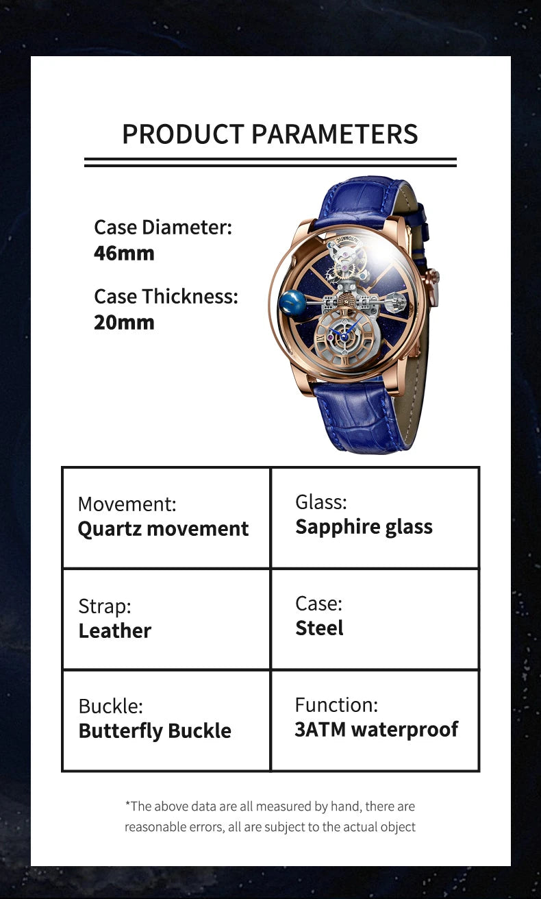 PINDU Design Man Wristwatch Transparent Hollow Design Celestial Roulette Quartz Watches Water Resistant Leather Men's Watch Box