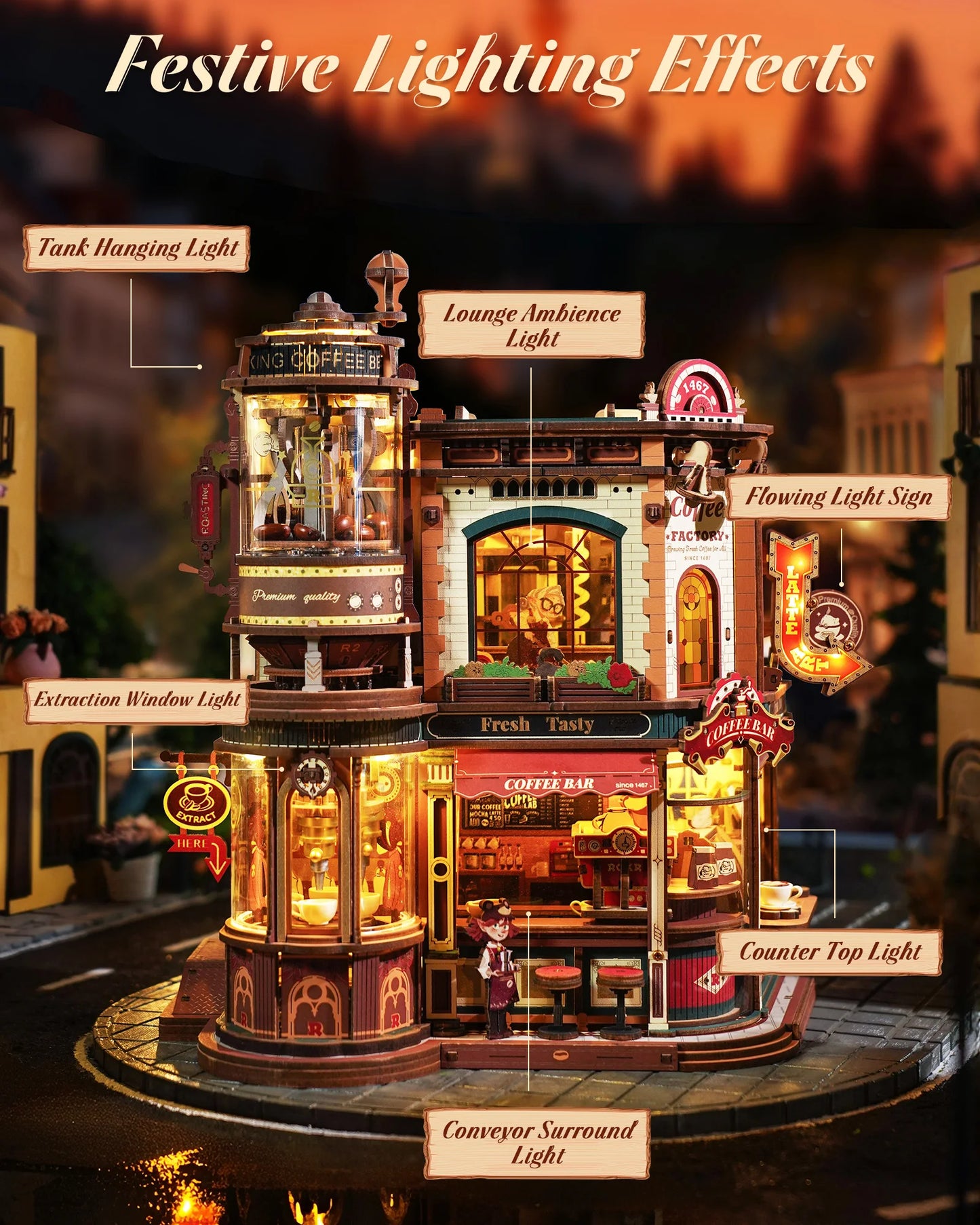 ROKR Wooden 3D Puzzle Dream Coffee Factory Music Box Model Building Kit 593-piece DIY Miniature House Kit with LED Light Unique Home Decor Gift for Adults Women