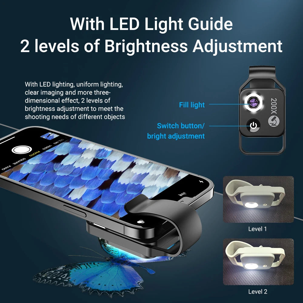 APEXEL 200X Microscope Lens HD Macro Lenses Jewelry Lens with LED Light Pocket Mobile Lenses for iPhone Xiaomi All Smartphones