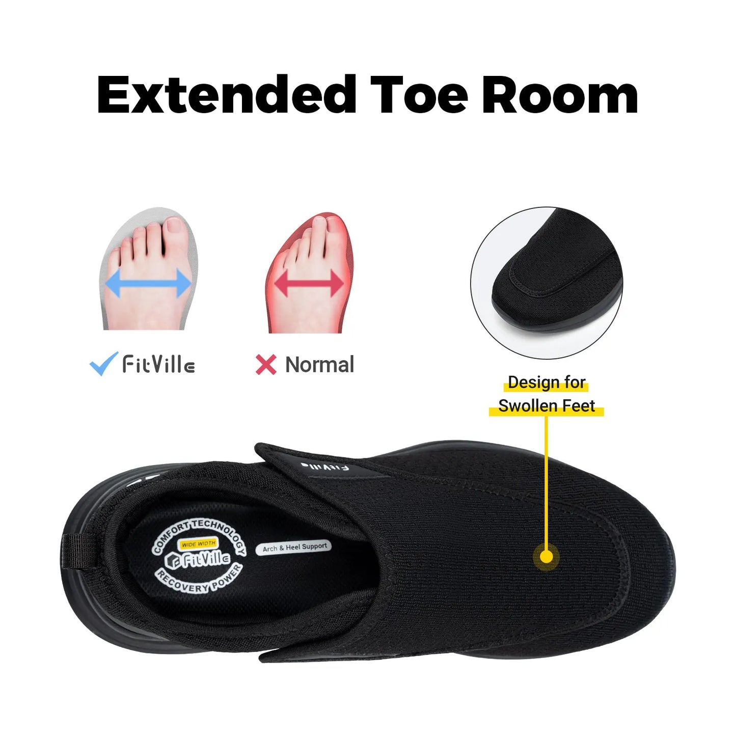 FitVille Extra Wide Men's Diabetic Shoes for Elder Orthopedics Feet Swollen Adjustable Walking Shoe Elderly Foot Pain Relief