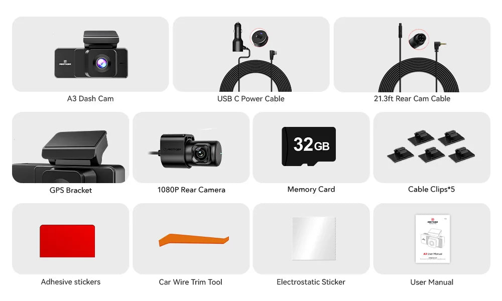 REDTIGER A3  3 Cameras Front/Cabin/Rear Cam Dash Cam Dash Camera Built-in 5.8Ghz WiFi GPS Car DVR Night Vision Parking Monitor