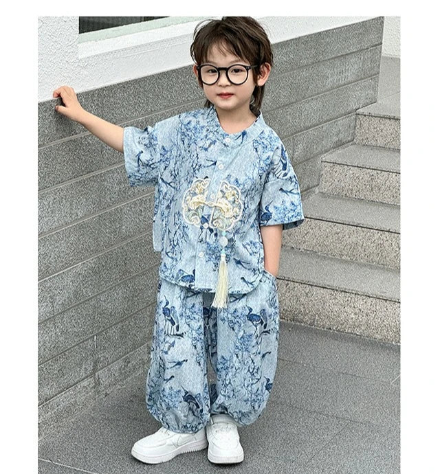 Fashion Baby Tang Costume Tops Pants Two-piece Set Boy Outfit Casual Children's Sets Summer Tweens Boys Hanfu Suit Kids Clothing
