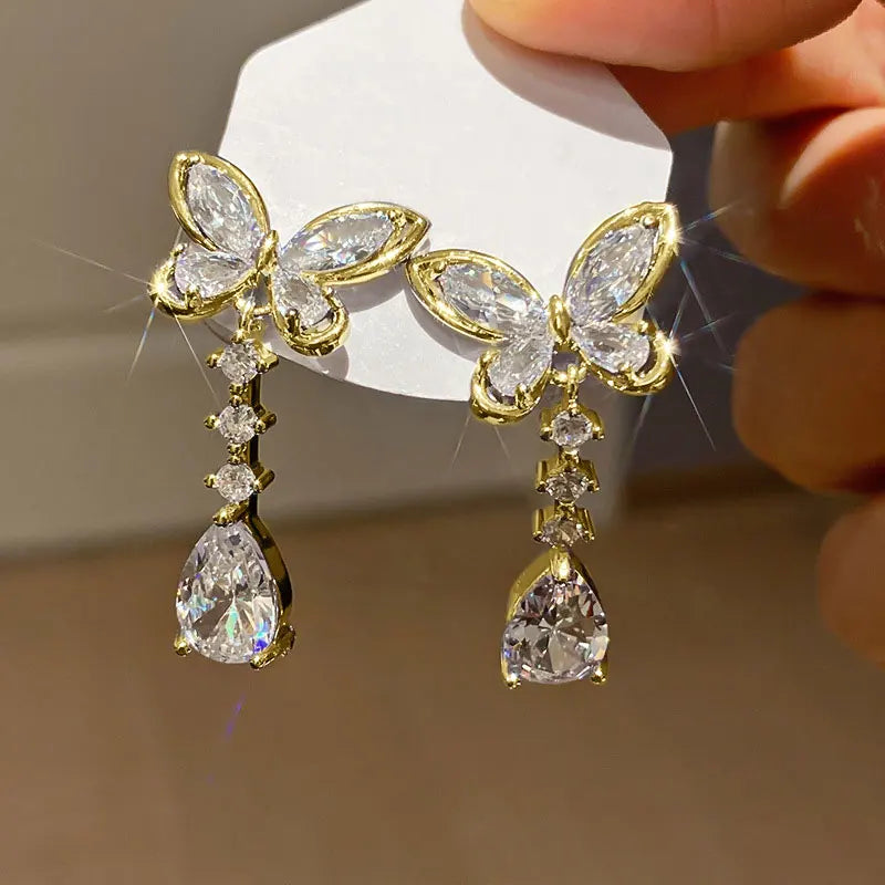 OXTAO Sweet Butterfly-Style Moissanite&CZ Earrings for Women Girl Lab Imitation Diamond Tassels Drop Earrings Jewelry Gifts 14K Gold Filled