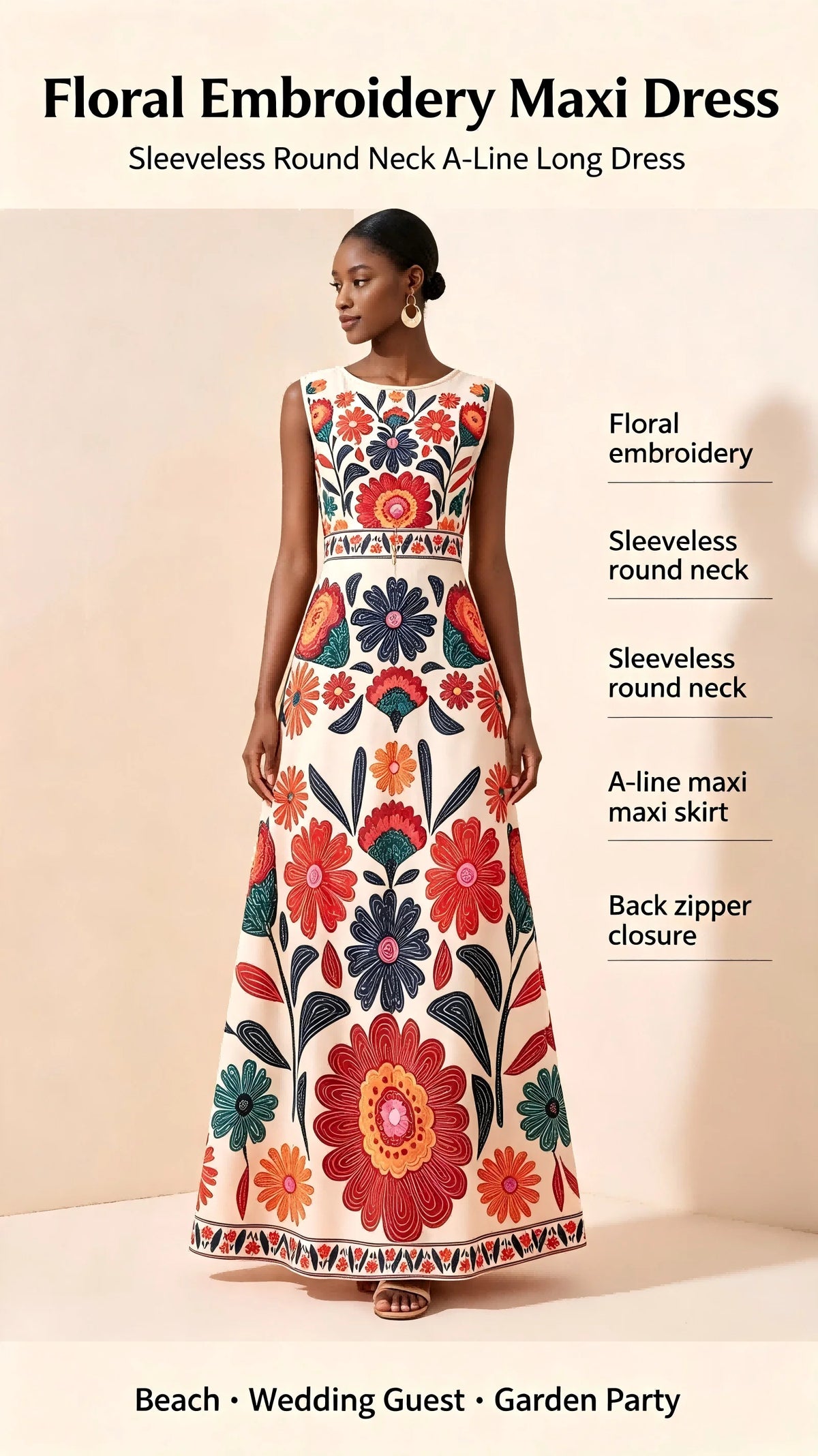 Women Floral Embroidery Maxi Dress Sleeveless Round Neck A-Line Long Dress Summer Beach Wedding Guest Holiday Party Dresses