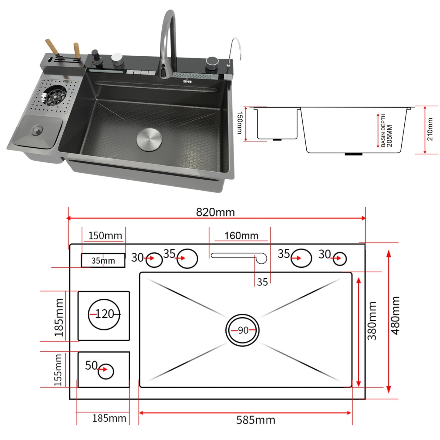 Stainless Steel Kitchen Sink Multifunctional Digital Display Waterfall Large Single Slot Ships from the U.S.