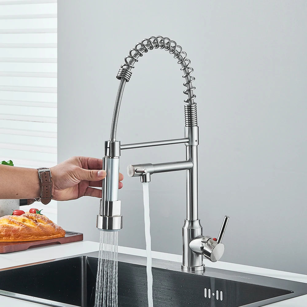 Black Spring Pull Down Stainless Steel Kitchen Sink Faucet Hot Cold Water Mixer Crane Tap with Dual Spout 360° Rotation Faucet