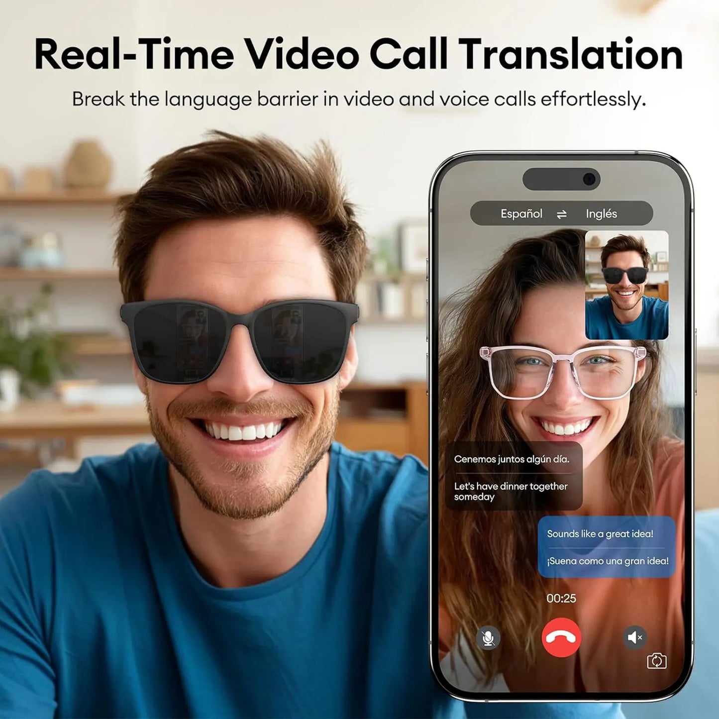 Smart AI translation audio glasses, real-time app translation in over 160 languages, light-sensitive color-changing lenses