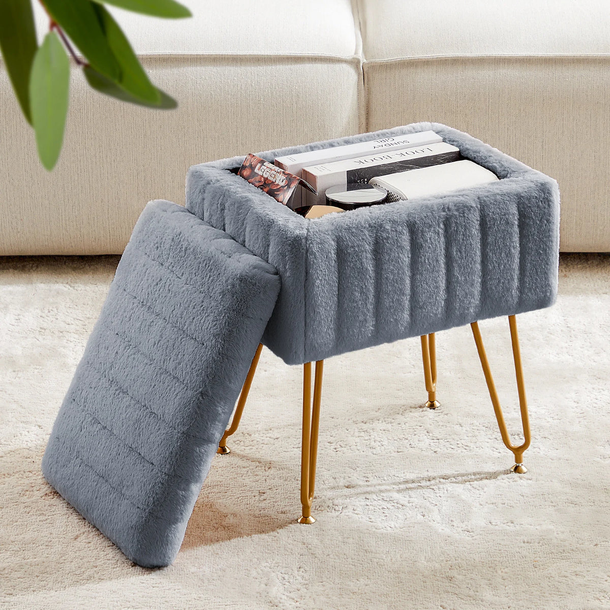 JHK Faux Fur Upholstered Storage Ottoman Metal Legs Padded Seat