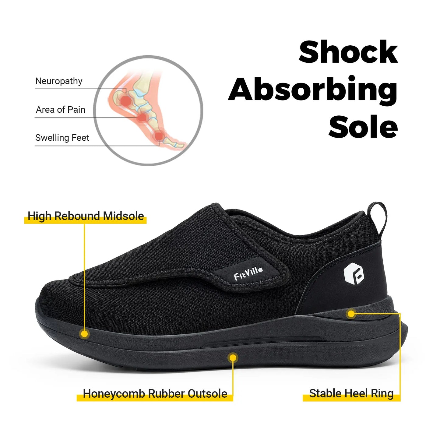 FitVille Extra Wide Men's Diabetic Shoes for Elder Orthopedics Feet Swollen Adjustable Walking Shoe Elderly Foot Pain Relief