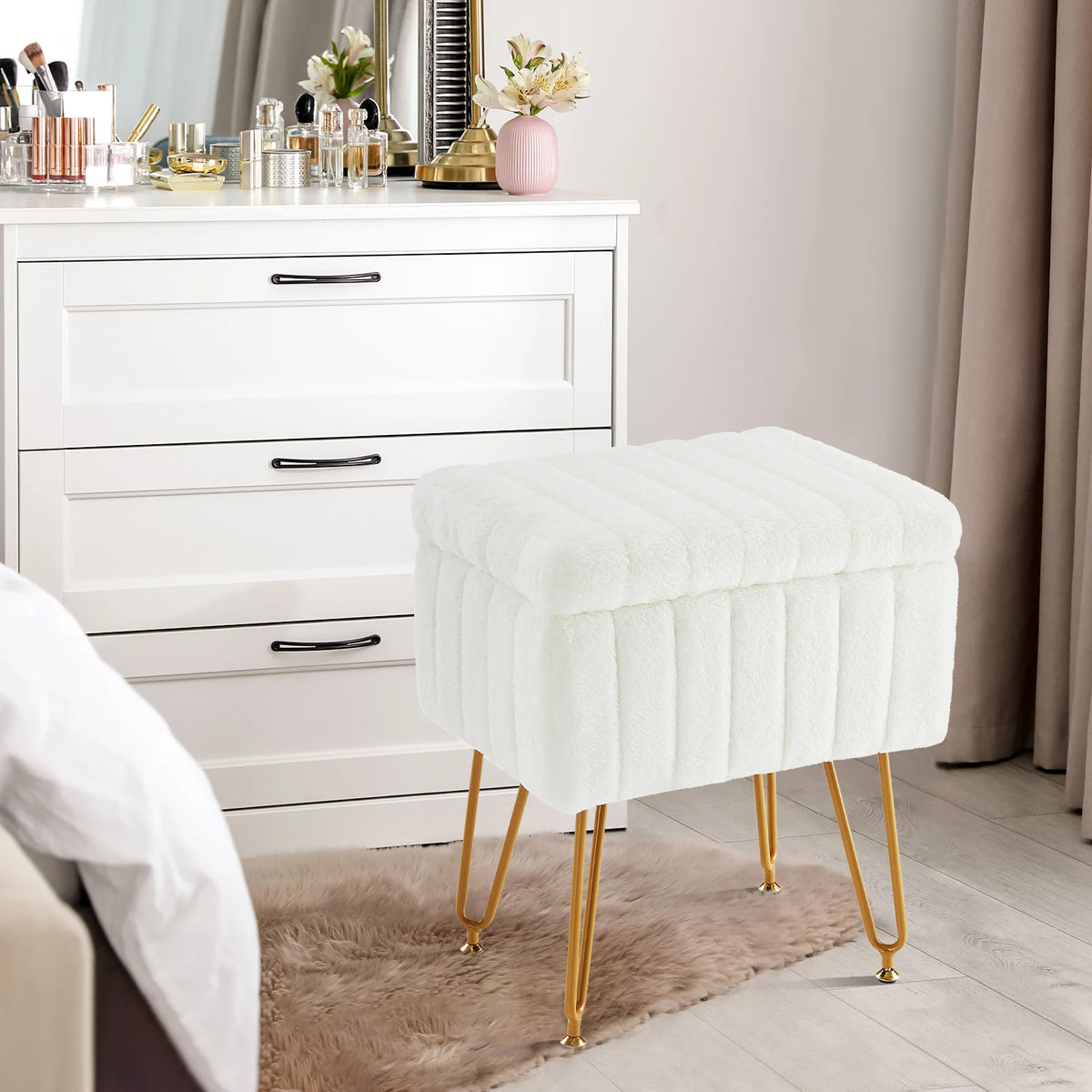 JHK Faux Fur Upholstered Storage Ottoman Metal Legs Padded Seat