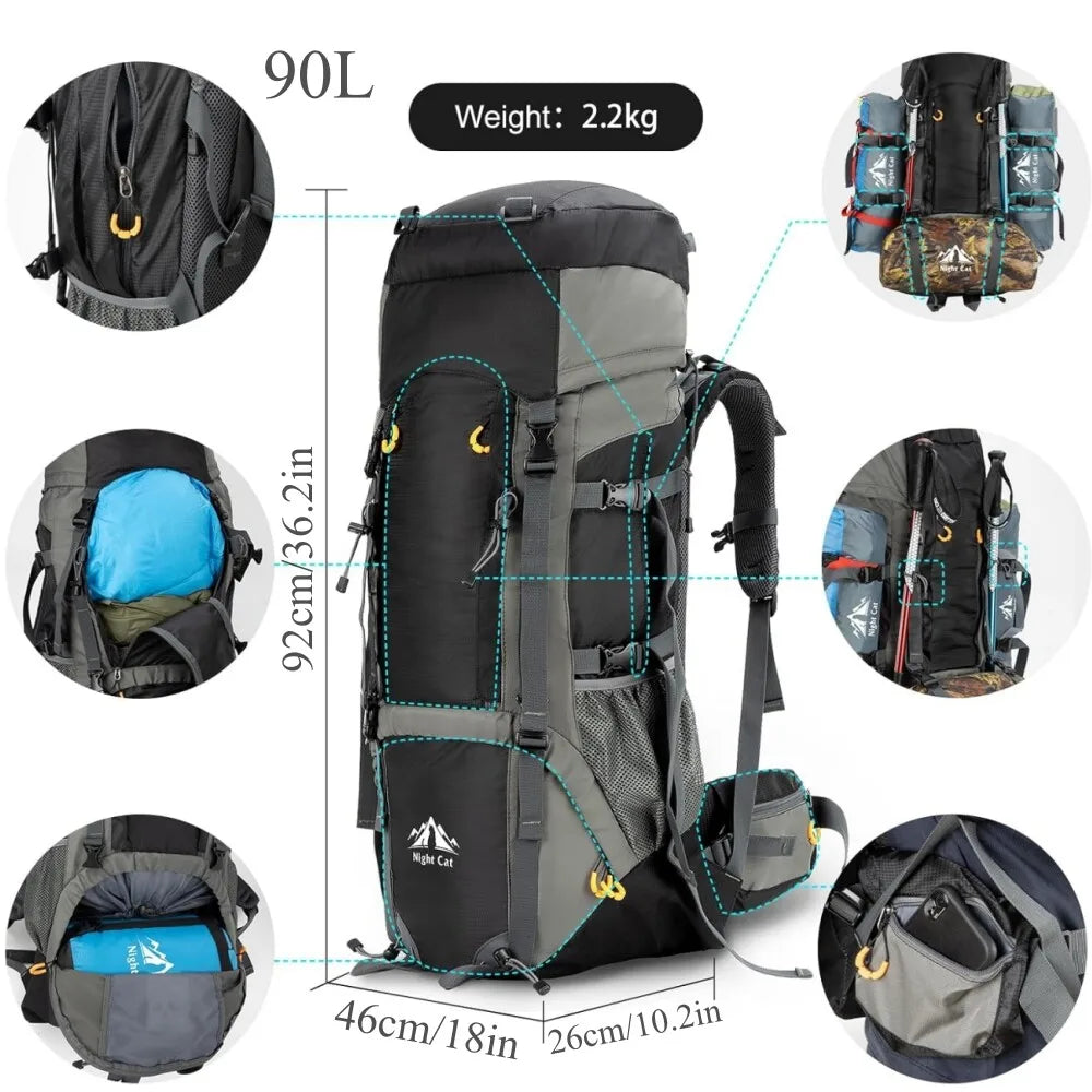 Night Cat Camping Backpacks 70L 90L with Internal Frame Hiking Backpack for Men Women Waterproof Lightweight Breathable Outdoor Mountaineering Traveling