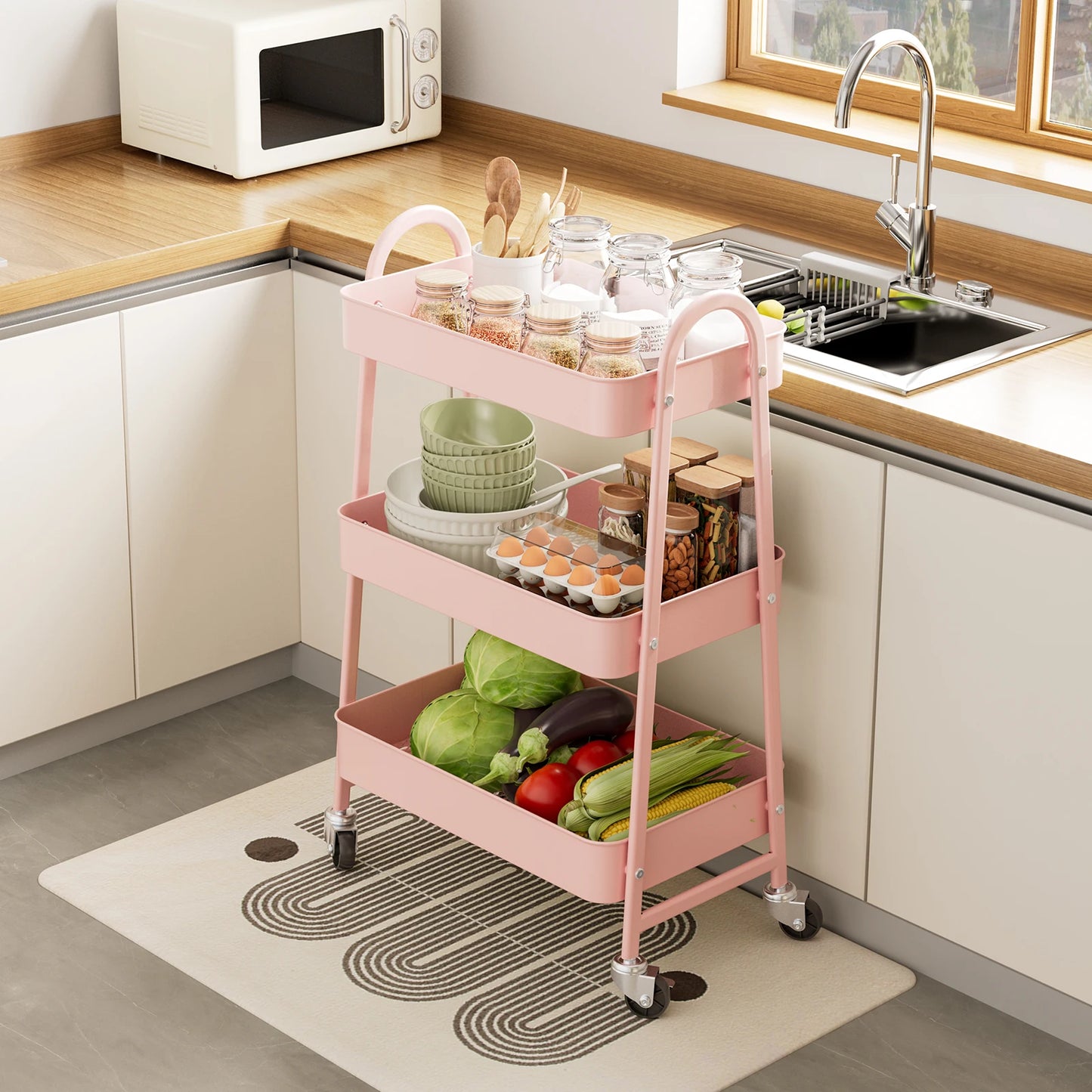 JHK 3 Tier Metal Storage Kitchen Cart with Lockable Wheels Mobile Shelving Unit Utility Rolling Organizer For Home Narrow Places
