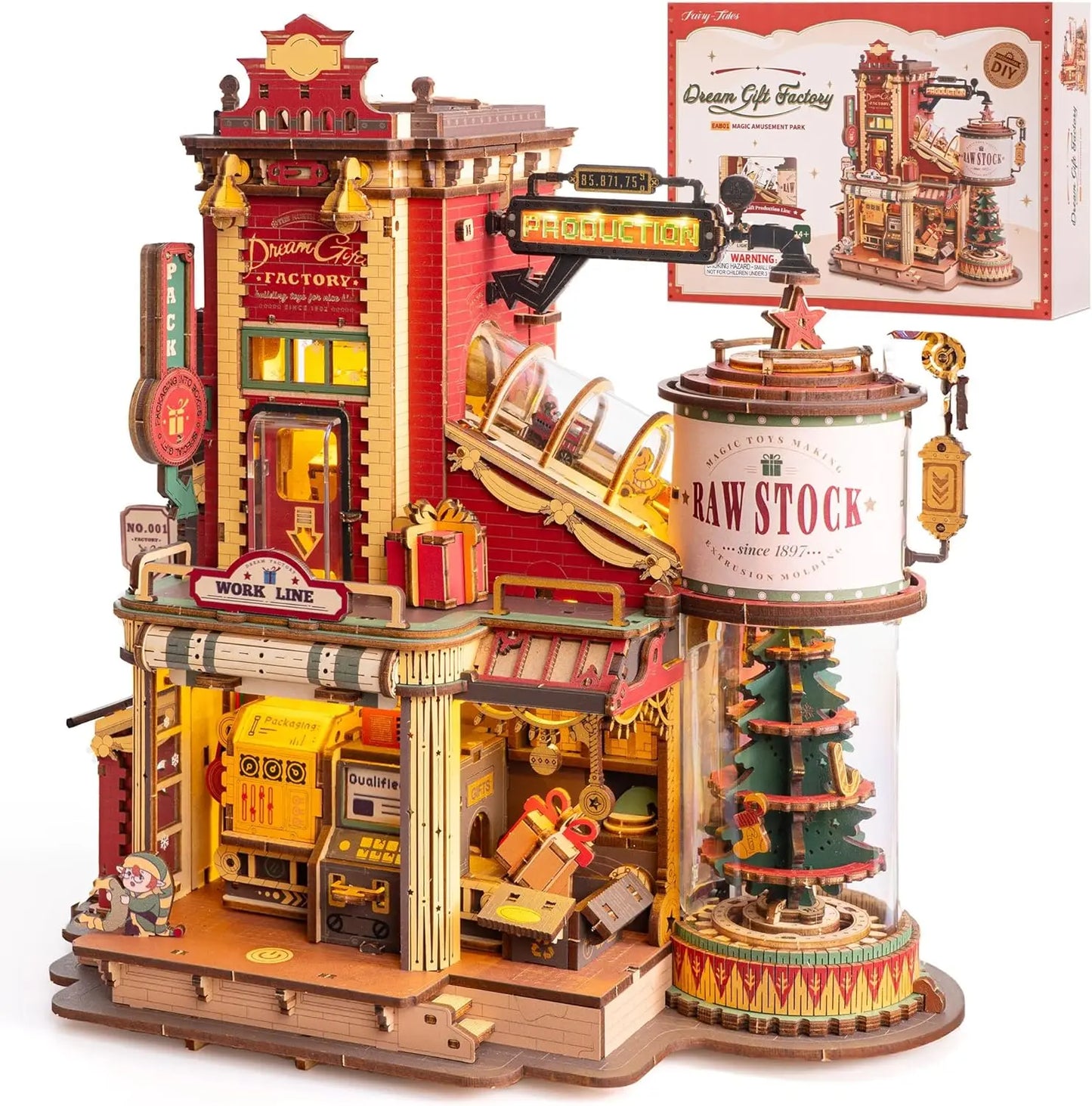ROKR Dream Gift Factory Wooden 3D Puzzle DIY Mini Dollhouse Model Building Kit with Music & LED Lights 449 Pieces Assembly Toys for Adults Teens