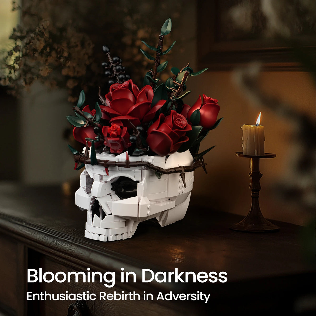 SupreOwls Skull Flowers Building Blocks Set Gothic Roses Bouquet Toy Skeleton Planter Pot Floral Decor Collection Gift for Adult