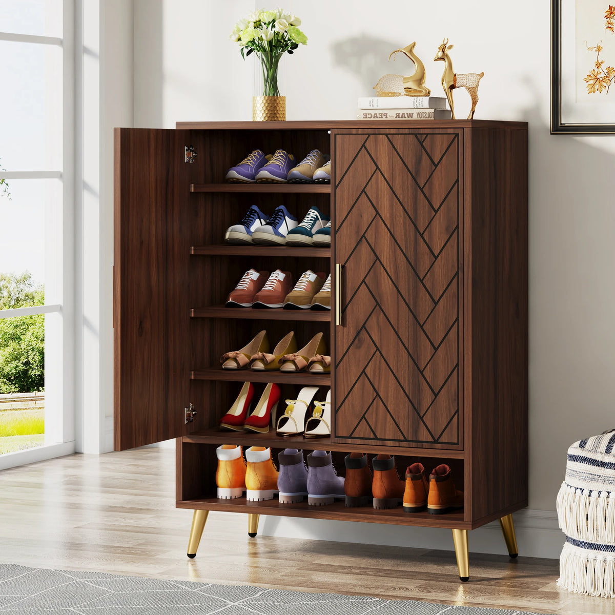 Tribesigns 6 Tier Wooden Shoe Cabinet With Adjustable Shelves