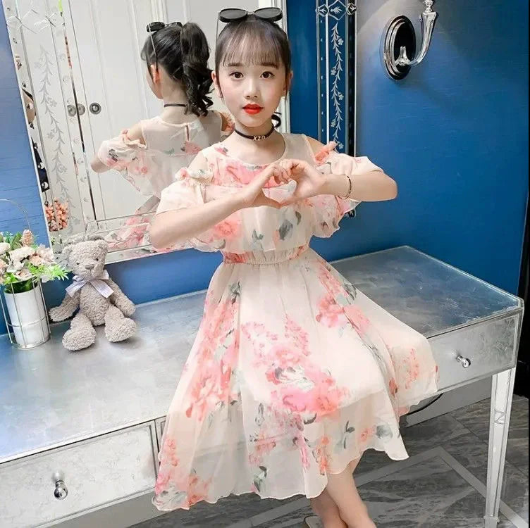 Summer Thin Girl Dress Floral Chiffon Princess Children's Dress Vestidos Summer Girls Casual Dresses Robe Fille Kids Clothes