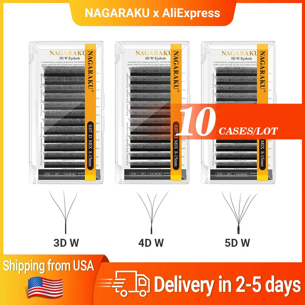 NAGARAKU Ship from USA 10 Cases W Shape 3D 4D 5D Eyelashes Free Tax Fast Shipping Delivery in 2-5 days Mix8-15mm Size