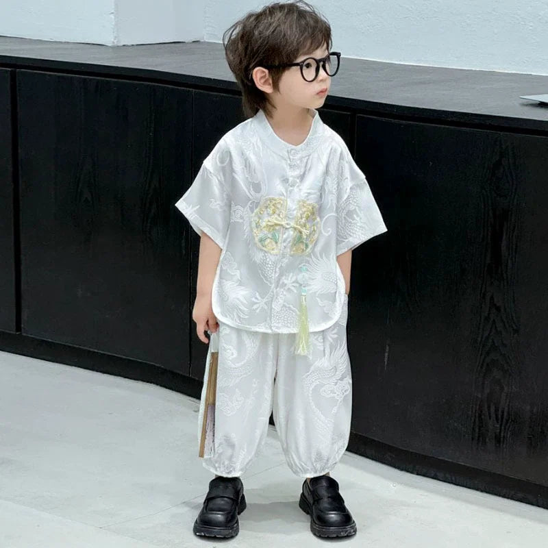 Fashion Baby Tang Costume Tops Pants Two-piece Set Boy Outfit Casual Children's Sets Summer Tweens Boys Hanfu Suit Kids Clothing