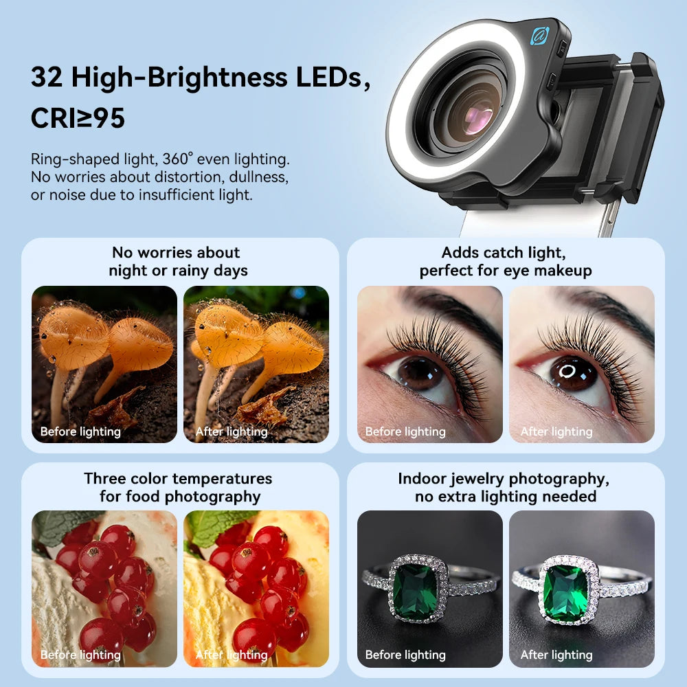 APEXEL 10-20X Zoom Macro Lens With LED Fill Light HD Micro Phone Camera Lenses Support Eye Macro Photography for iPhone Samsung Xiaomi Huawei Oppoand All Smartphones